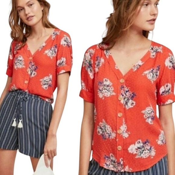 Maeve by Anthropologie Hansley Coral Floral Blouse - Picture 1 of 4